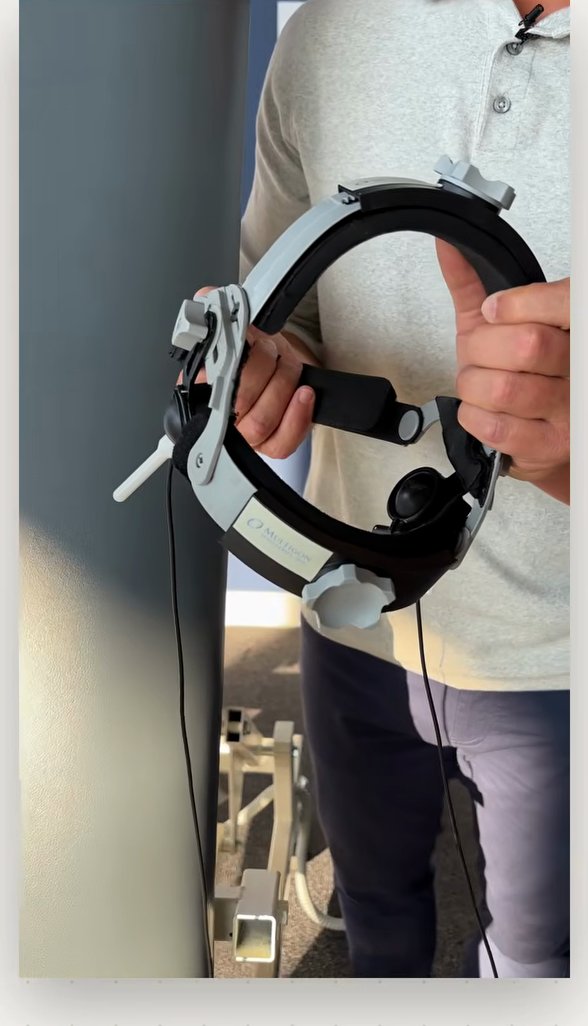 Transcranial Doppler headset held up in the autonomic testing lab