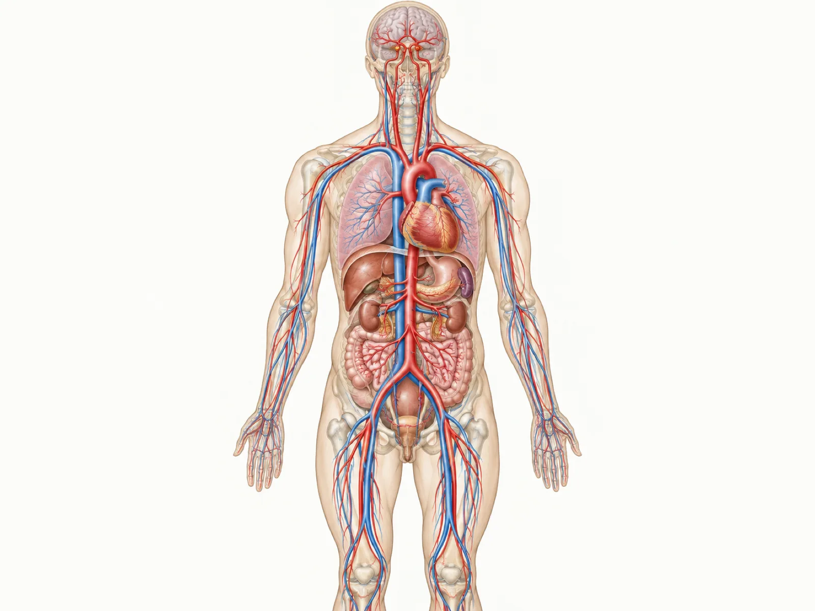 Anatomical plate of the heart, aortic arch, carotid and vertebral arteries, circle of Willis, middle cerebral artery, abdominal blood vessels and leg veins.