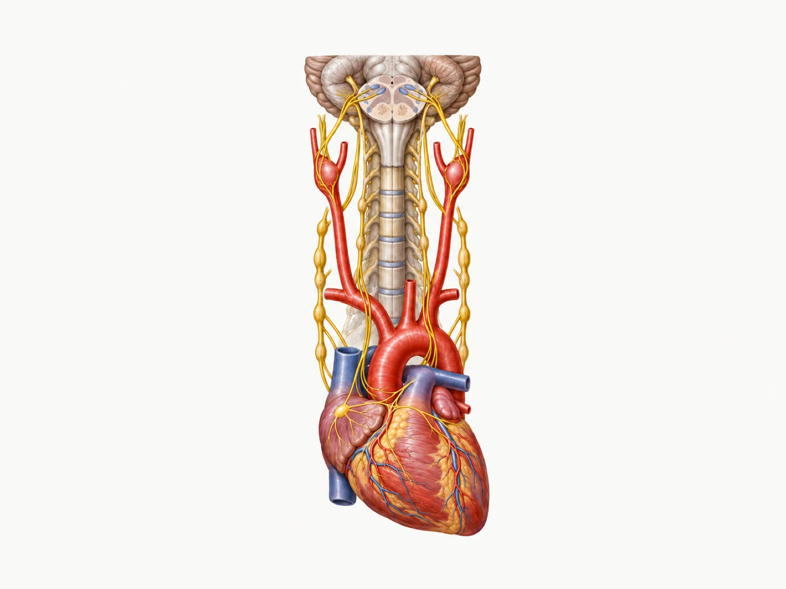 Anatomical plate of the baroreflex loop: carotid sinus, aortic arch, glossopharyngeal and vagus nerves, brainstem, sympathetic chain and sinoatrial node.