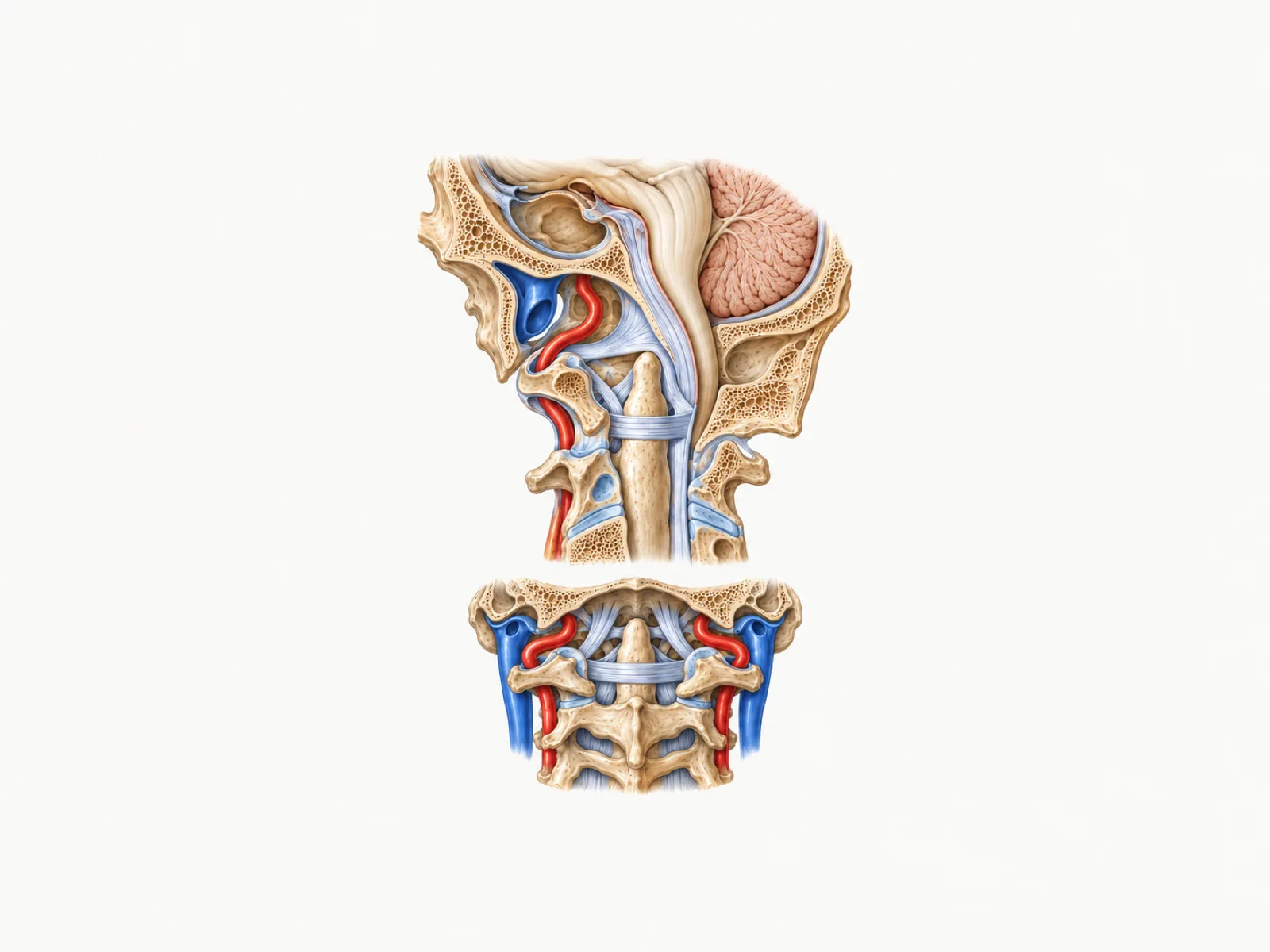 Anatomical plate of the craniocervical junction: occiput, atlas, axis, alar, transverse and tectorial ligaments, vertebral arteries and jugular veins.
