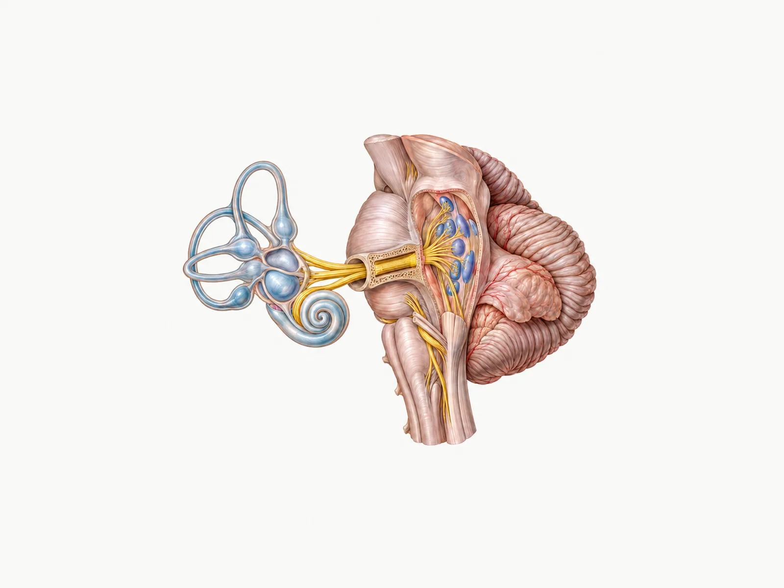 Anatomical plate of the inner ear vestibular apparatus: semicircular canals, utricle, saccule, vestibular nerve, vestibular nuclei and flocculus.