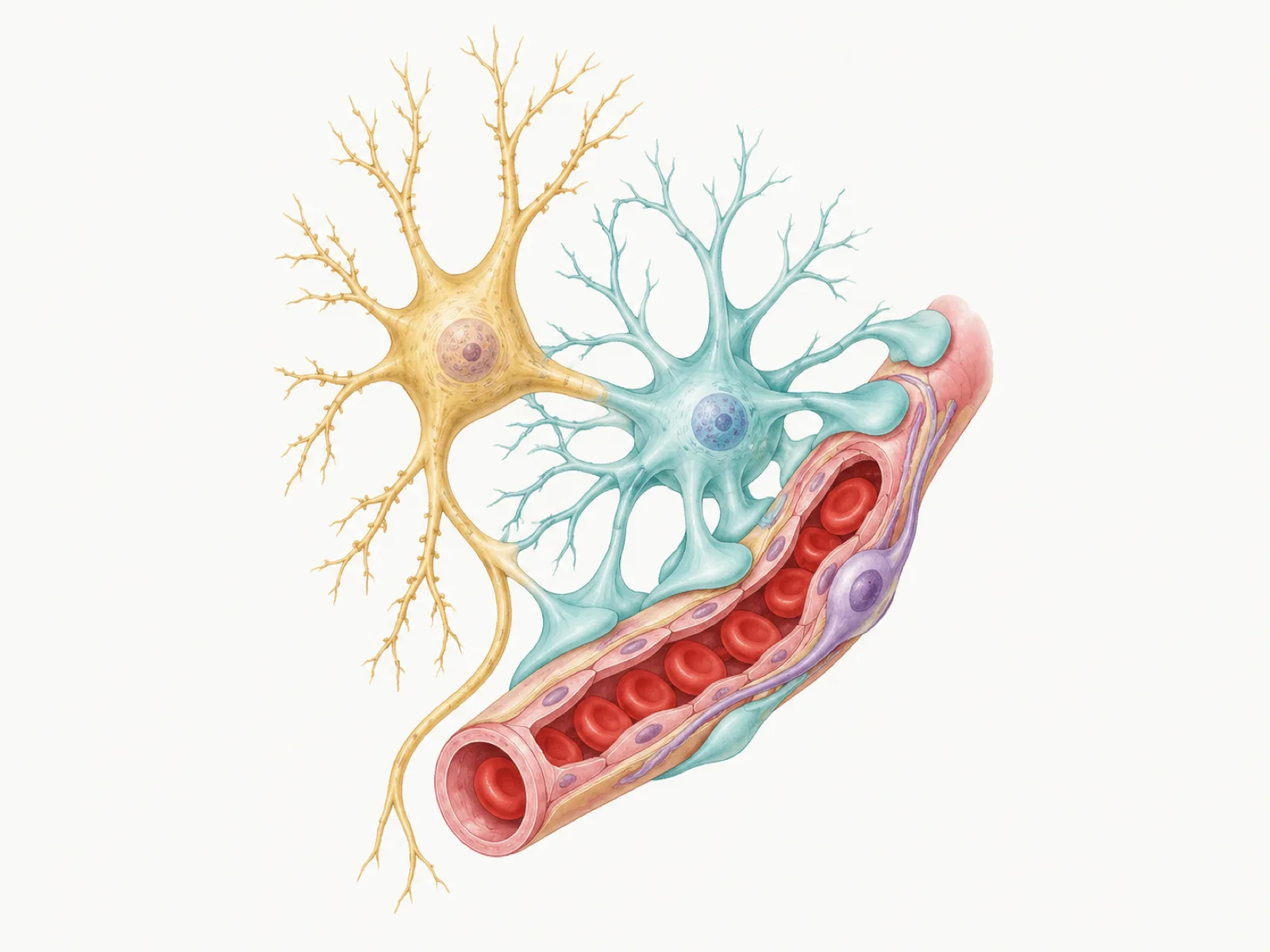 Anatomical plate of the neurovascular unit: a neuron, astrocyte end-feet wrapped around a small vessel, and the blood vessel wall.